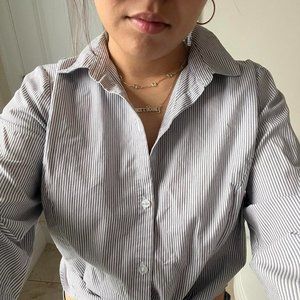 worthington blue striped blouse long sleeve collared y2k tie collared skirt